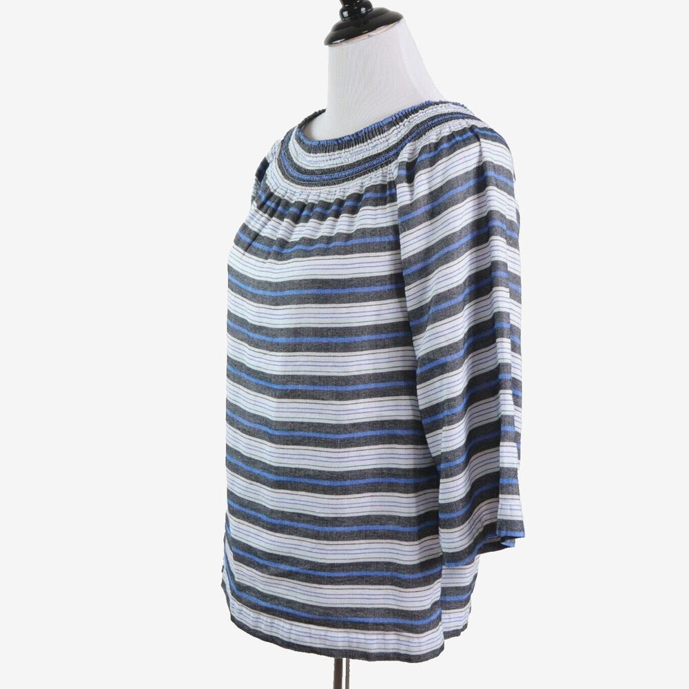 J Jill Size S Linen Blend Smocked Yoke Blouse Stripe Blue White Black